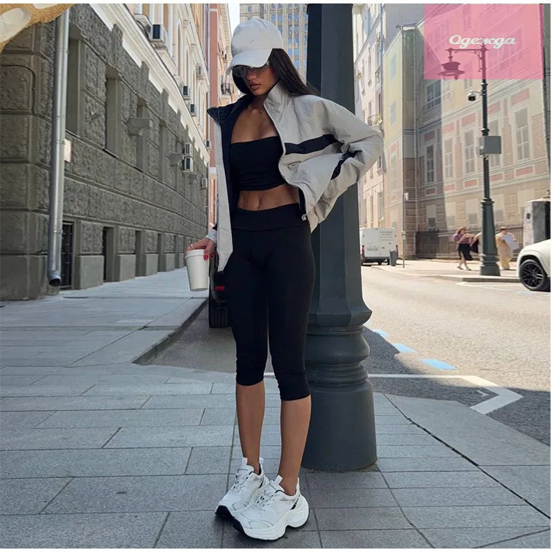 Color Block Zip Up Cropped Jacket With Stand Collar For Women
