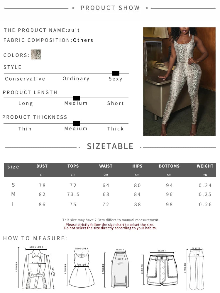 Cutenew Woman Sexy Snake Print Jumpsuit Tight Stretch Sleeveless Skinny Midnight Clubwear Party Sexy Activity Workout Overalls