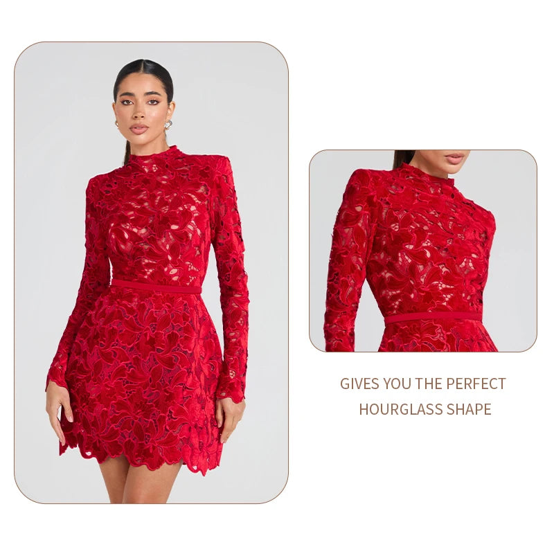 Retro Glamour Red Lace Waist-Cinched Mini Dress for Women
