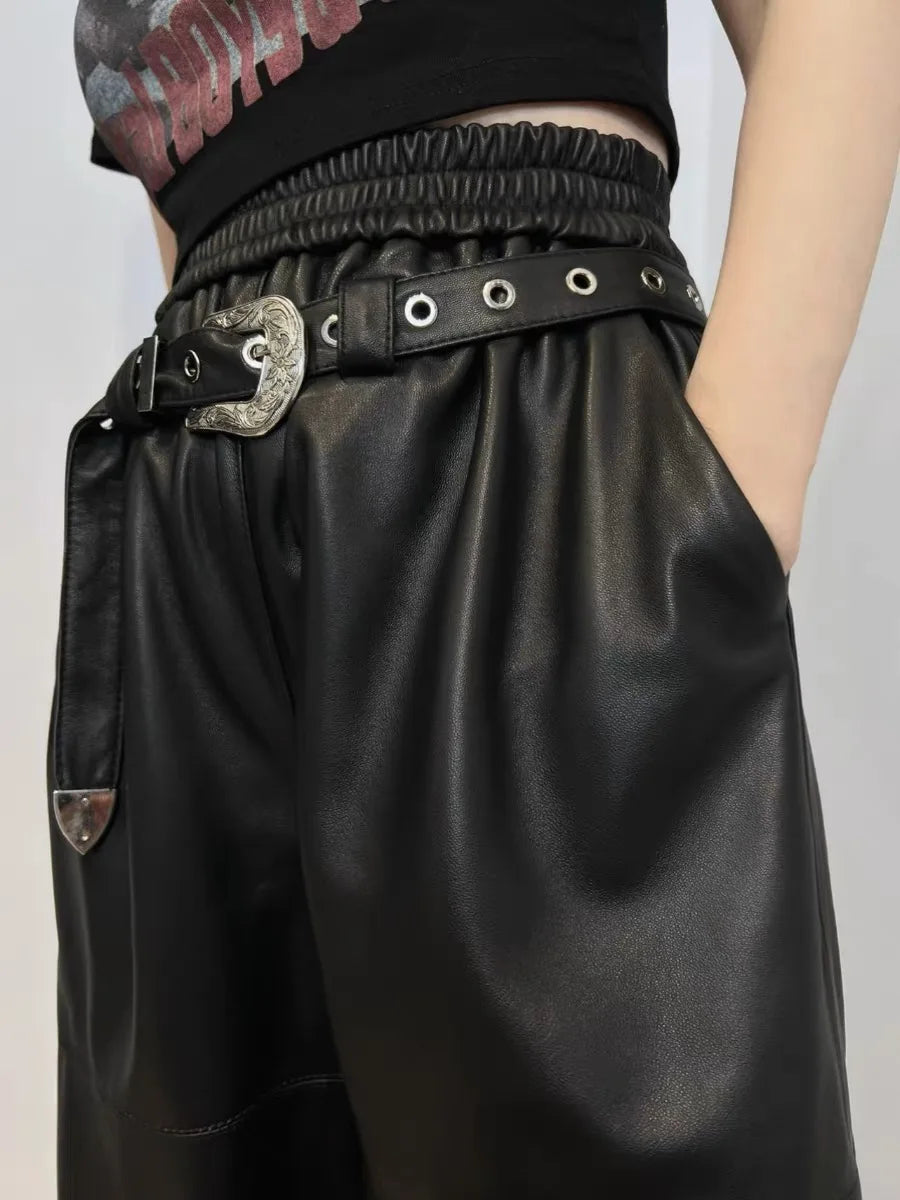 Y2K Cargo Pants Women High Waist Baggy Pants 2025 New Korean Fashion Wide Leg Genuine Leather Trousers Streetwear Loose Style