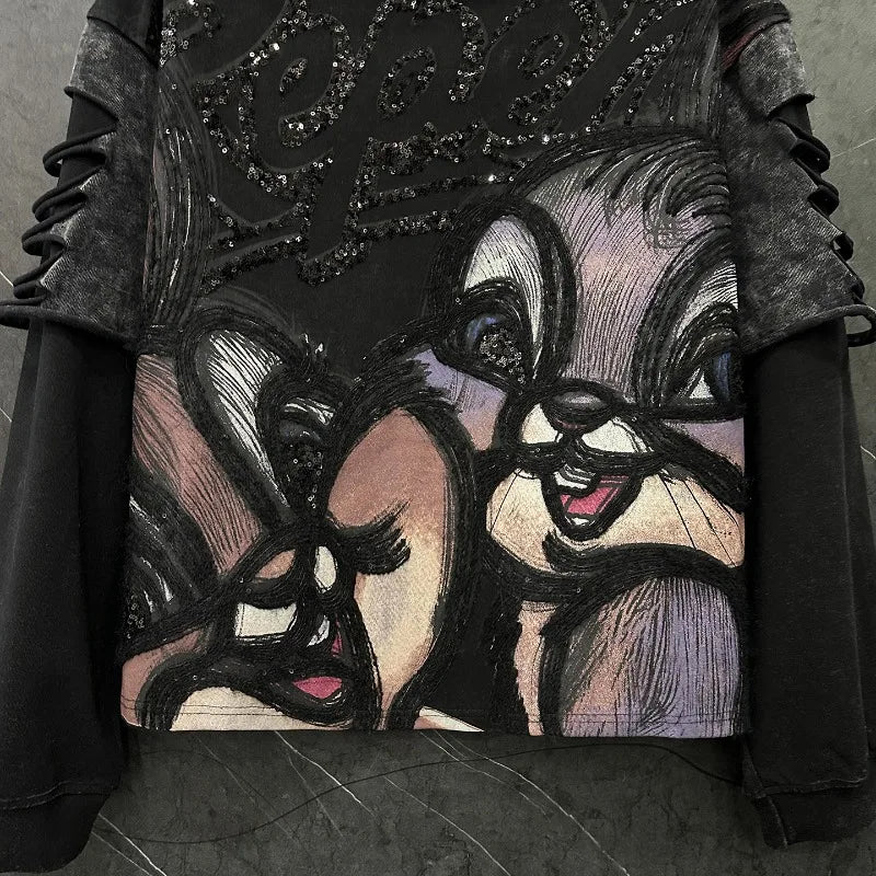 Heavy Industry New Cartoon Distressed Fake Two-Piece Crew Neck Sweatshirt Loose Casual Versatile Top Autumn Long Sleeves Hoodies