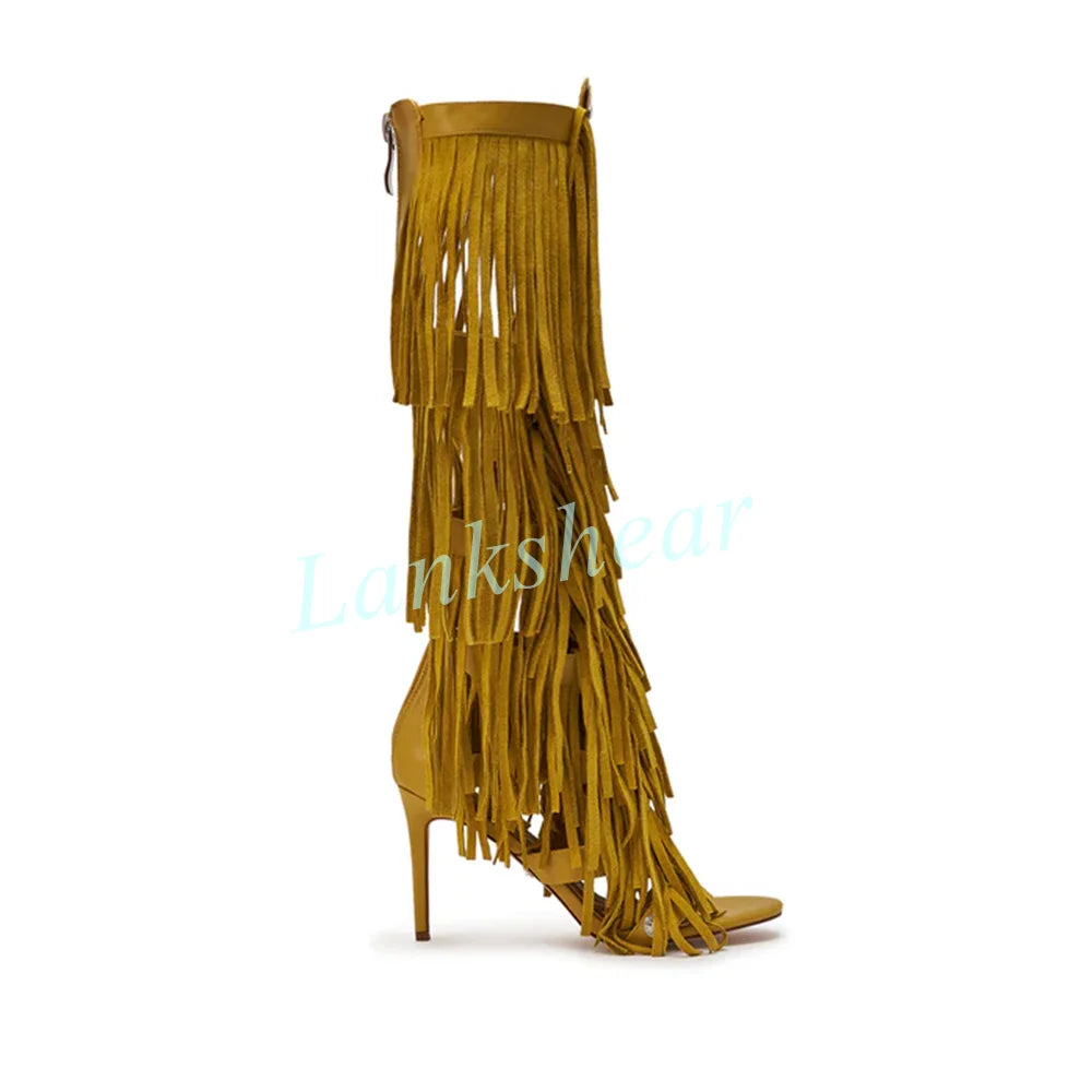 Mustard Yellow Suede Fringe Knee High Gladiator Sandals for Women