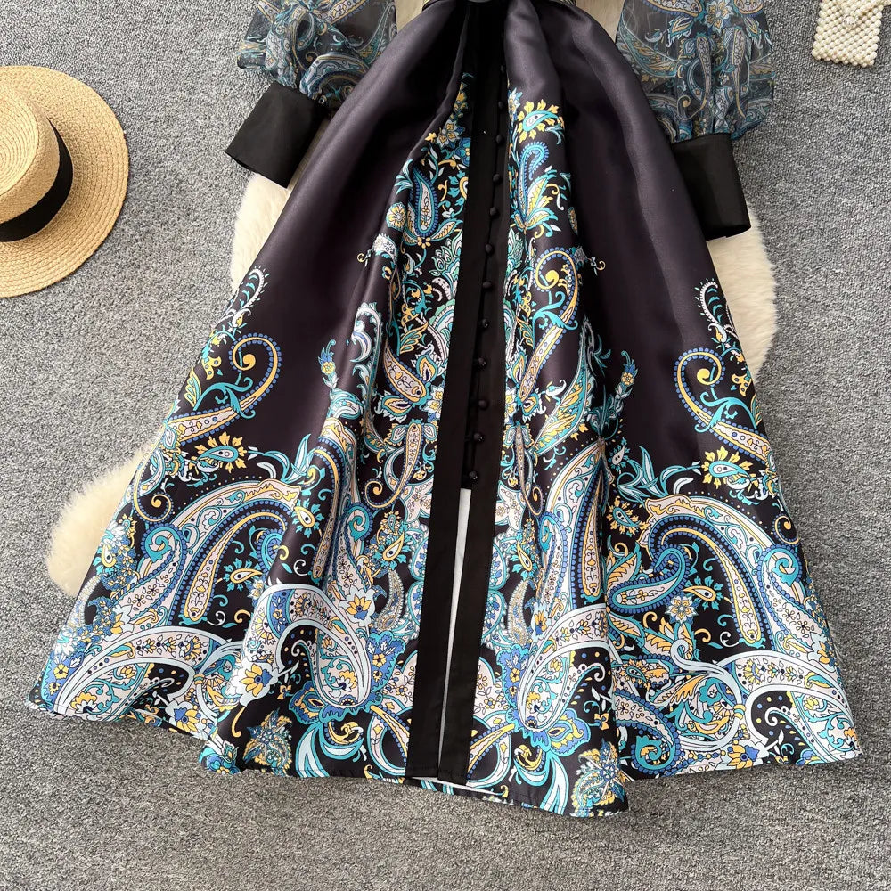 Elegant Printed Mesh Spliced A Line Maxi Dress for Women