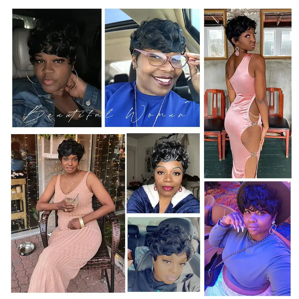 Short Black Curly Pixie Cut Synthetic Wig For Women