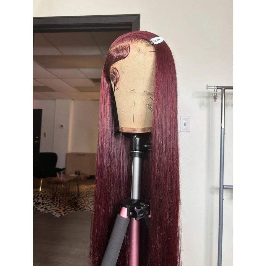 Straight Burgundy Transparent Lace Frontal Wig For Women
