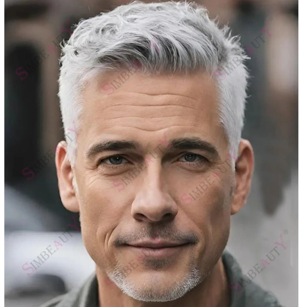 Natural Gray Human Hair Toupee With Realistic Hairline for Men
