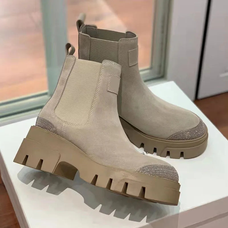 Thick Sole Suede Chelsea Boots With Round Toe For Women