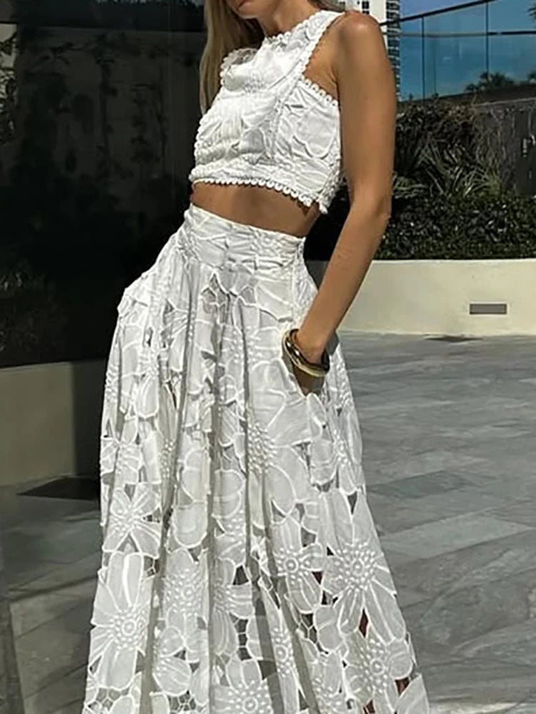 Fashion O-neck Sleeveless Top with Long Skirt Suit Sexy Exposed Navel Holiday Outfit 2025 Lace Hollow Loose Women's 2 Piece Set