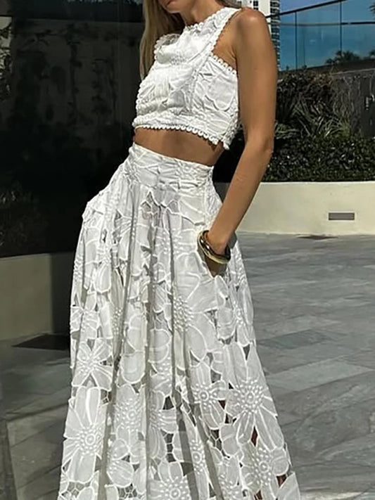 Fashion O-neck Sleeveless Top with Long Skirt Suit Sexy Exposed Navel Holiday Outfit 2025 Lace Hollow Loose Women's 2 Piece Set