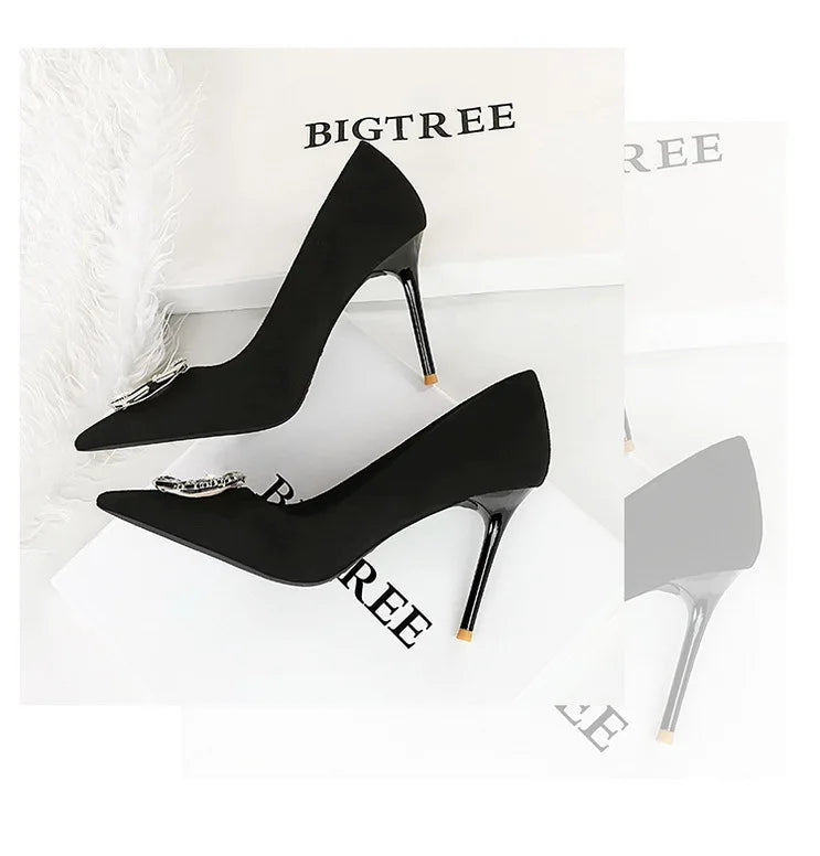 Elegant Rhinestone Buckle Suede High Heel Pumps for Women