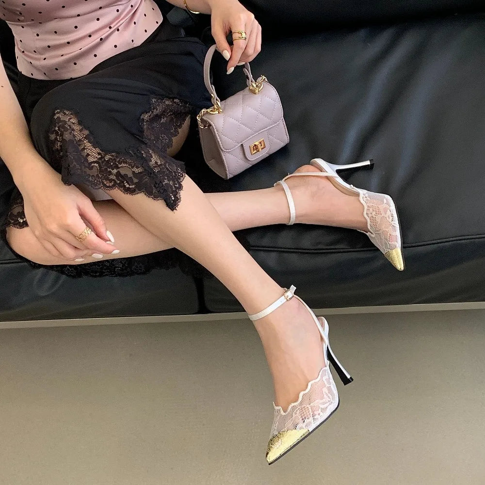 Elegant White Lace Slingback Stiletto Heels for Women