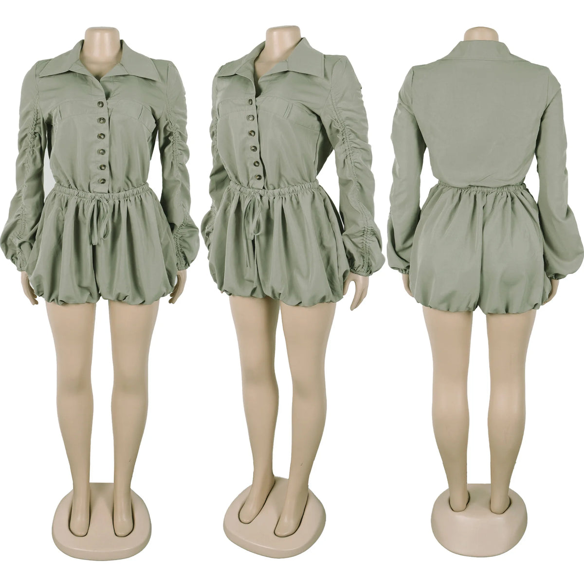 Elegant Ruched Drawstring Lantern Sleeve Romper for Women
