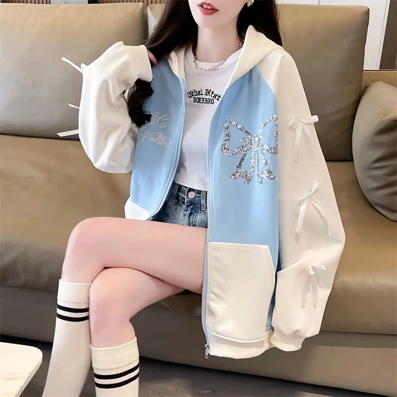 Woman Hooded Tops Bow Y2k Style Kpop Youthful Clothes Sweat-shirt Essential Matching Full Zip Up Hoodies Sweatshirt for Women