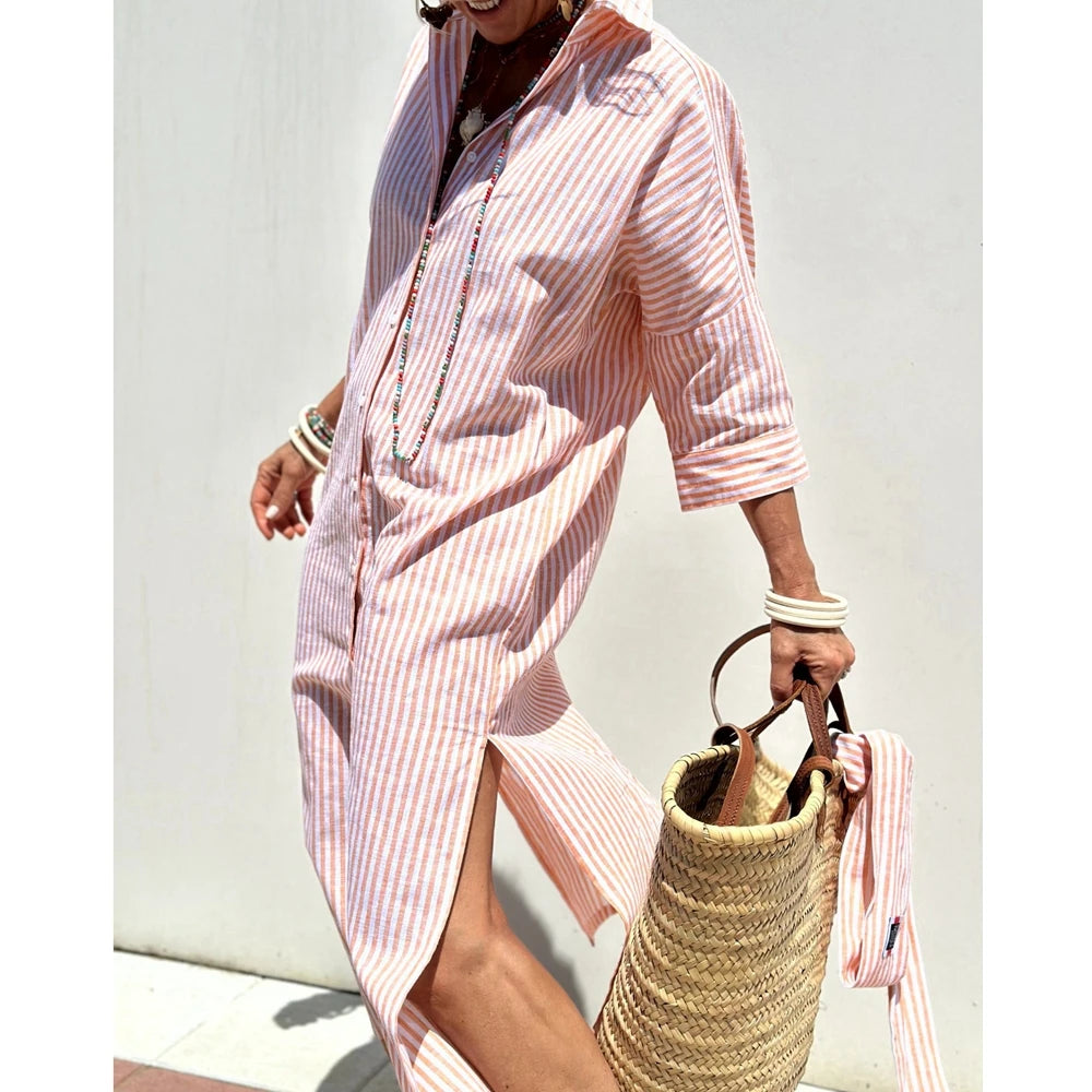 2025 Summer New Women's Stripe Lapel Half Sleeve Shirt Dress Turn-down Collar Button Front Midi Dress With Belt