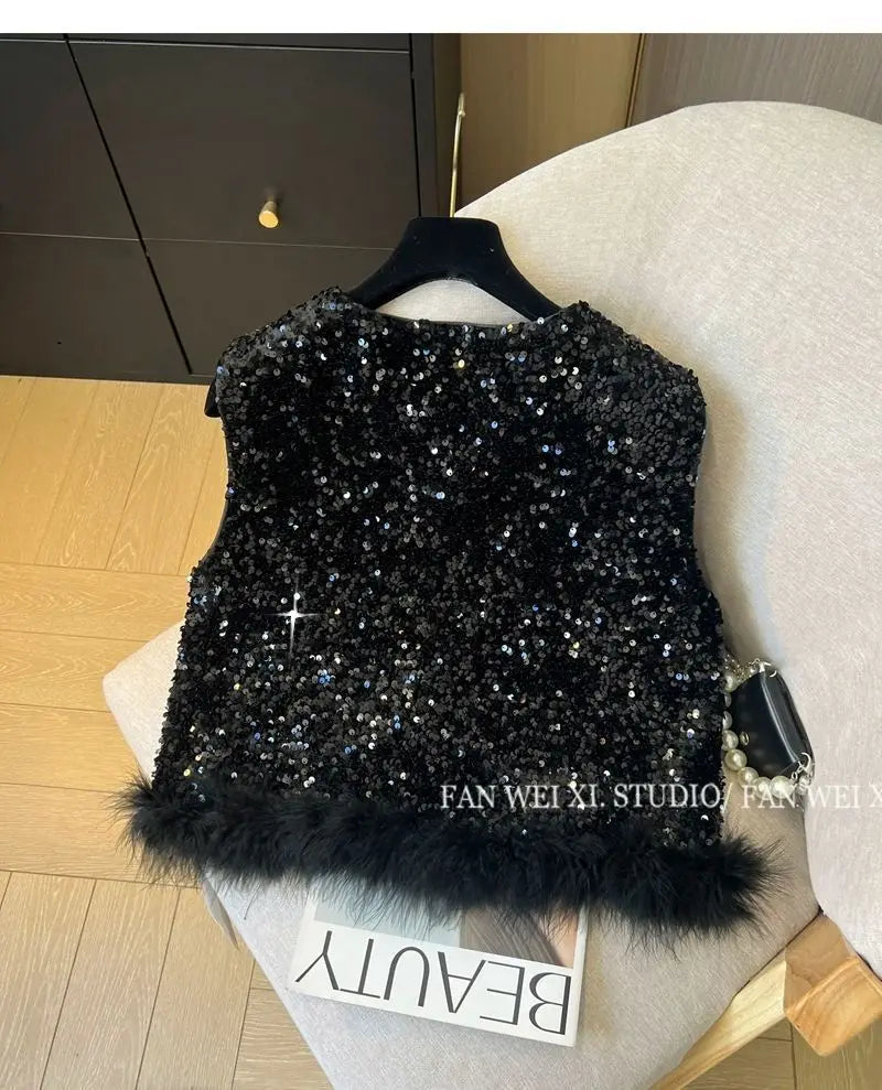Elegant Retro Chinese Style Sequined Knit Vest for Women