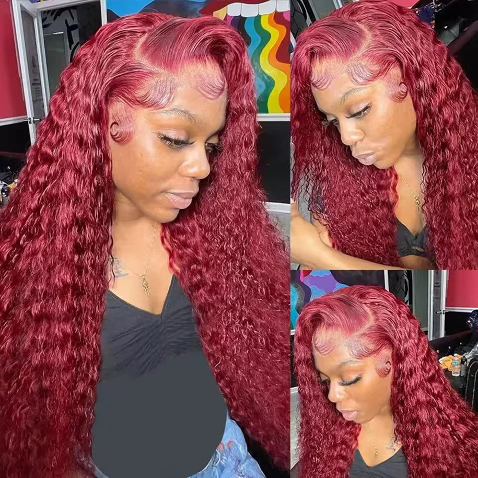 Burgundy Curly Lace Frontal Human Hair Wig for Women