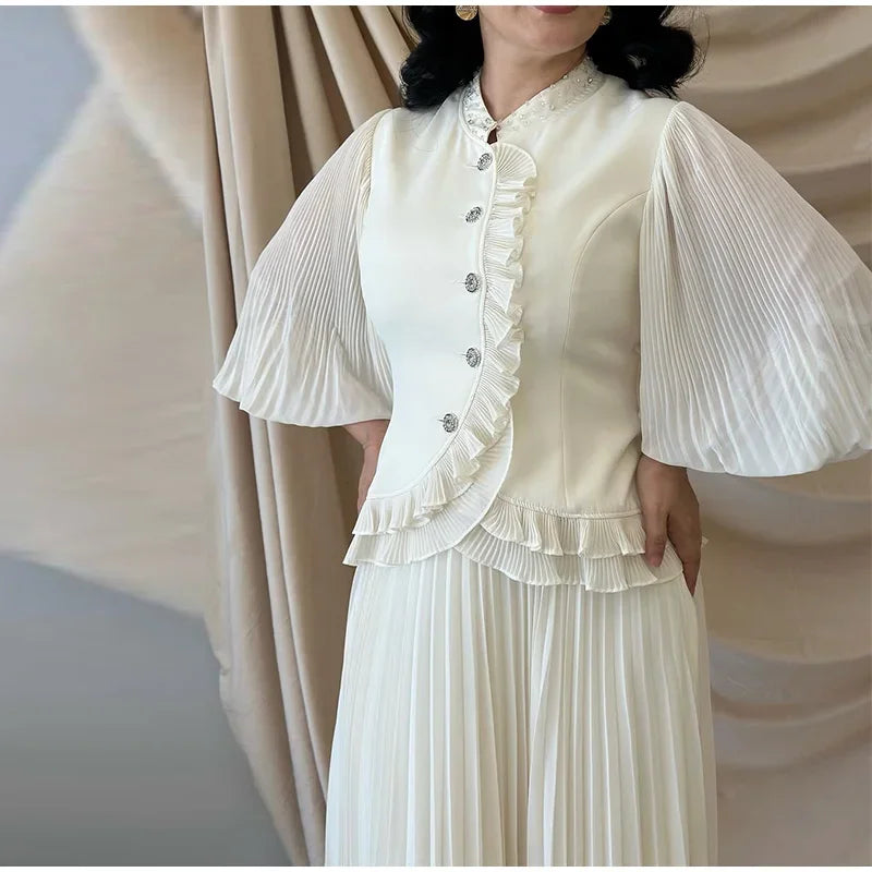 Ruffle Lantern Sleeve Top and Pleated Skirt Set for Women