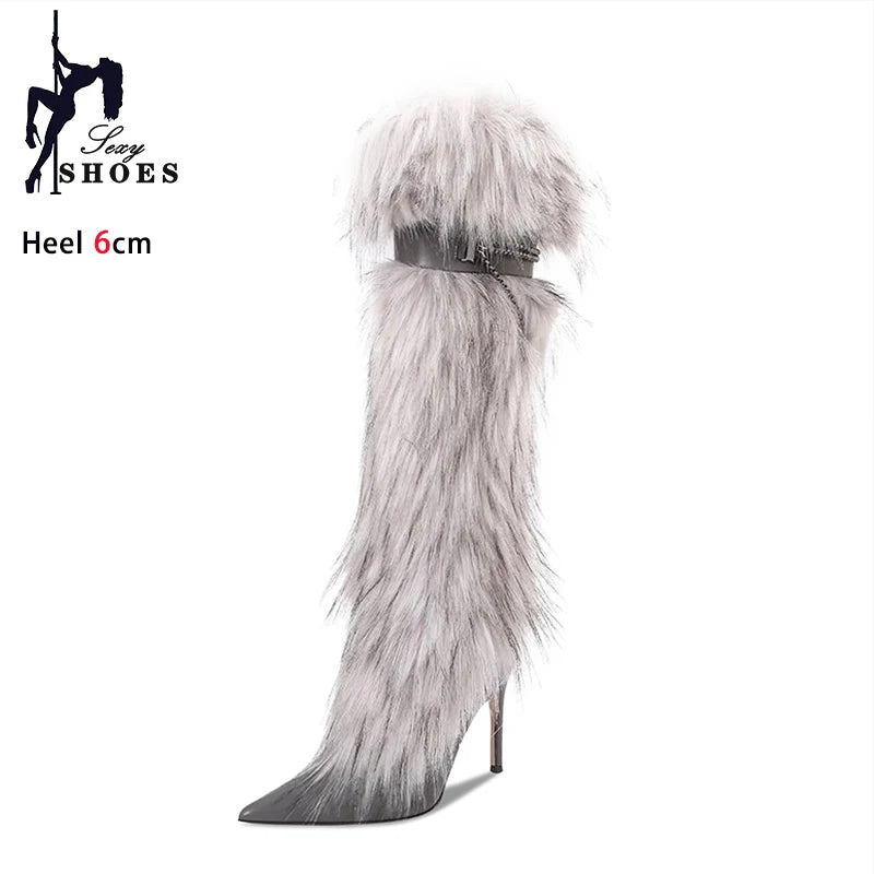 Elegant Faux Fur Knee High Stiletto Boots for Women