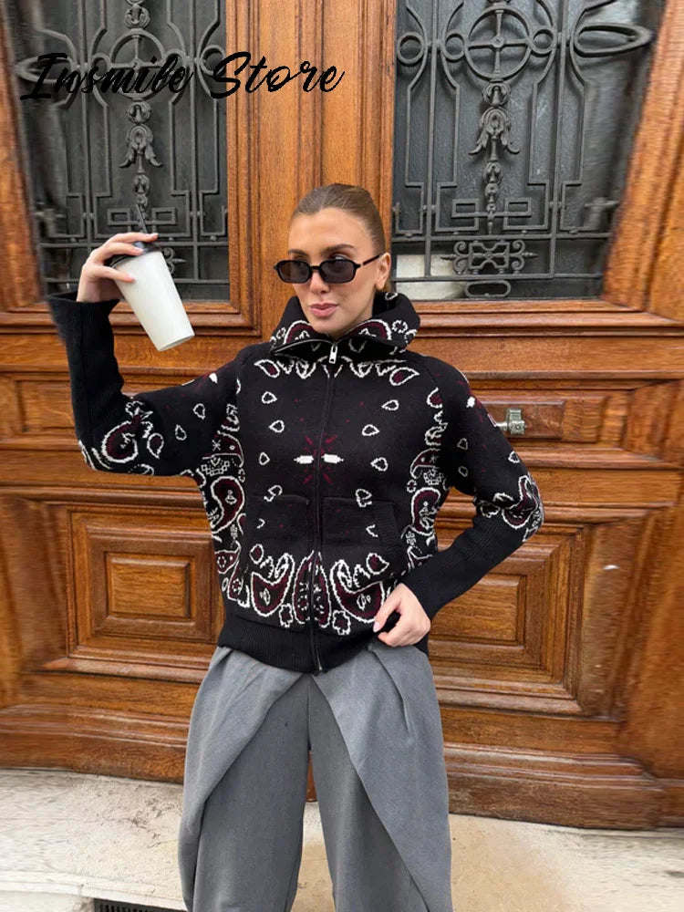Gray Jacquard Knit Loose Cardigan Long Sleeve Casual for Women