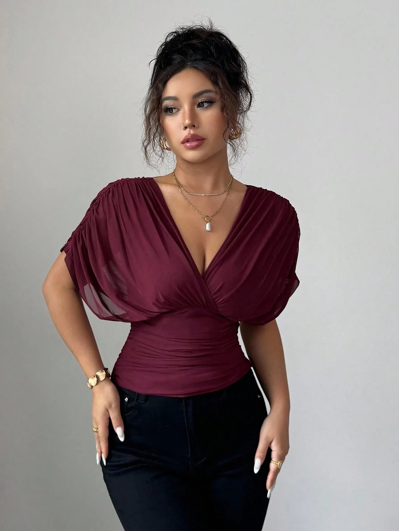 Elegant Deep V Neck Flutter Sleeve Waist Cinching Top for Women