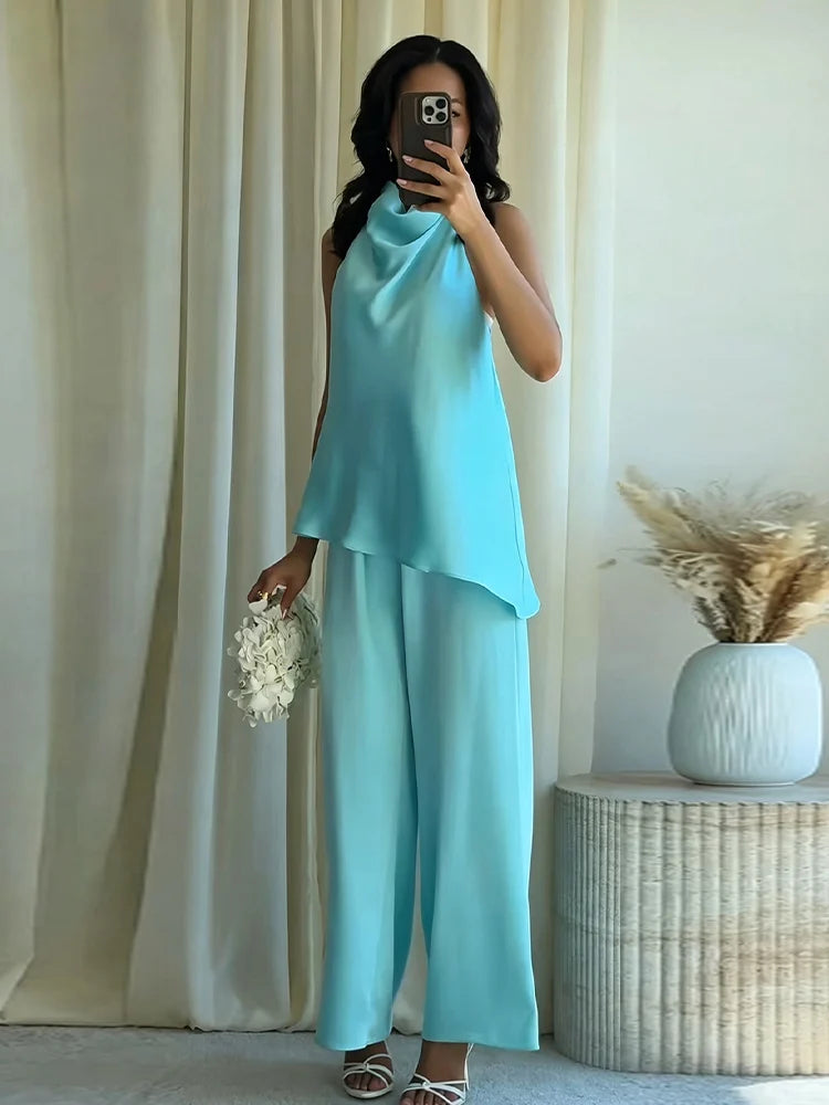 Turquoise Satin Cowl Neck Halter Top And Wide Leg Pants 2 Piece Set For Women