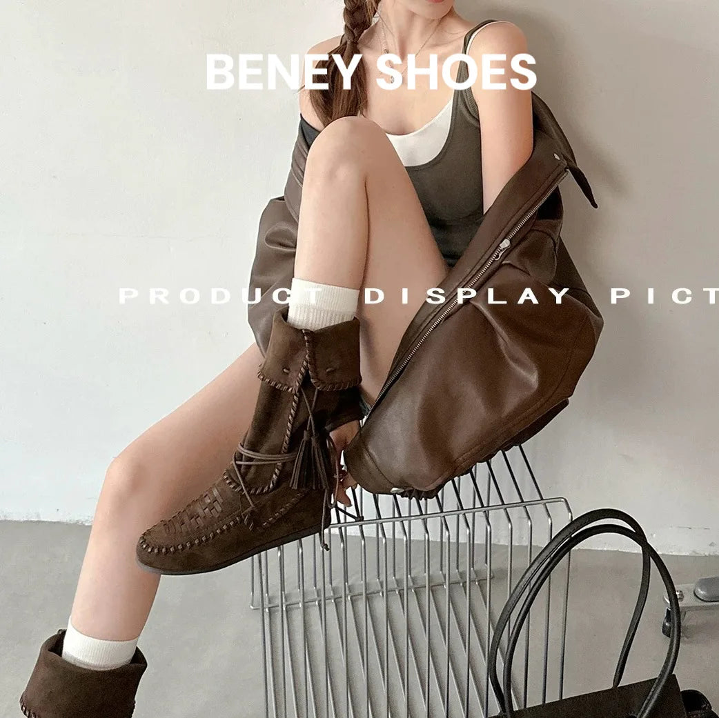 Fringe Woven Suede Mid Calf Boots With Fold Over Cuff For Women