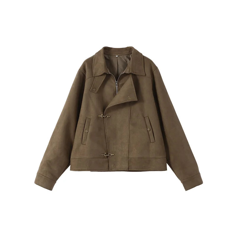 Elegant Metal Button Asymmetric Coat With Turn Down Collar for Women