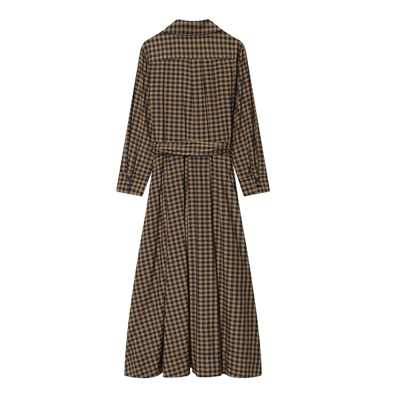 Elegant Plaid Women's Long Dresses Loose Tie Up Bow Laple Full Sleeve A-line Dress For Woman 2026 Spring New Lady Party Robes