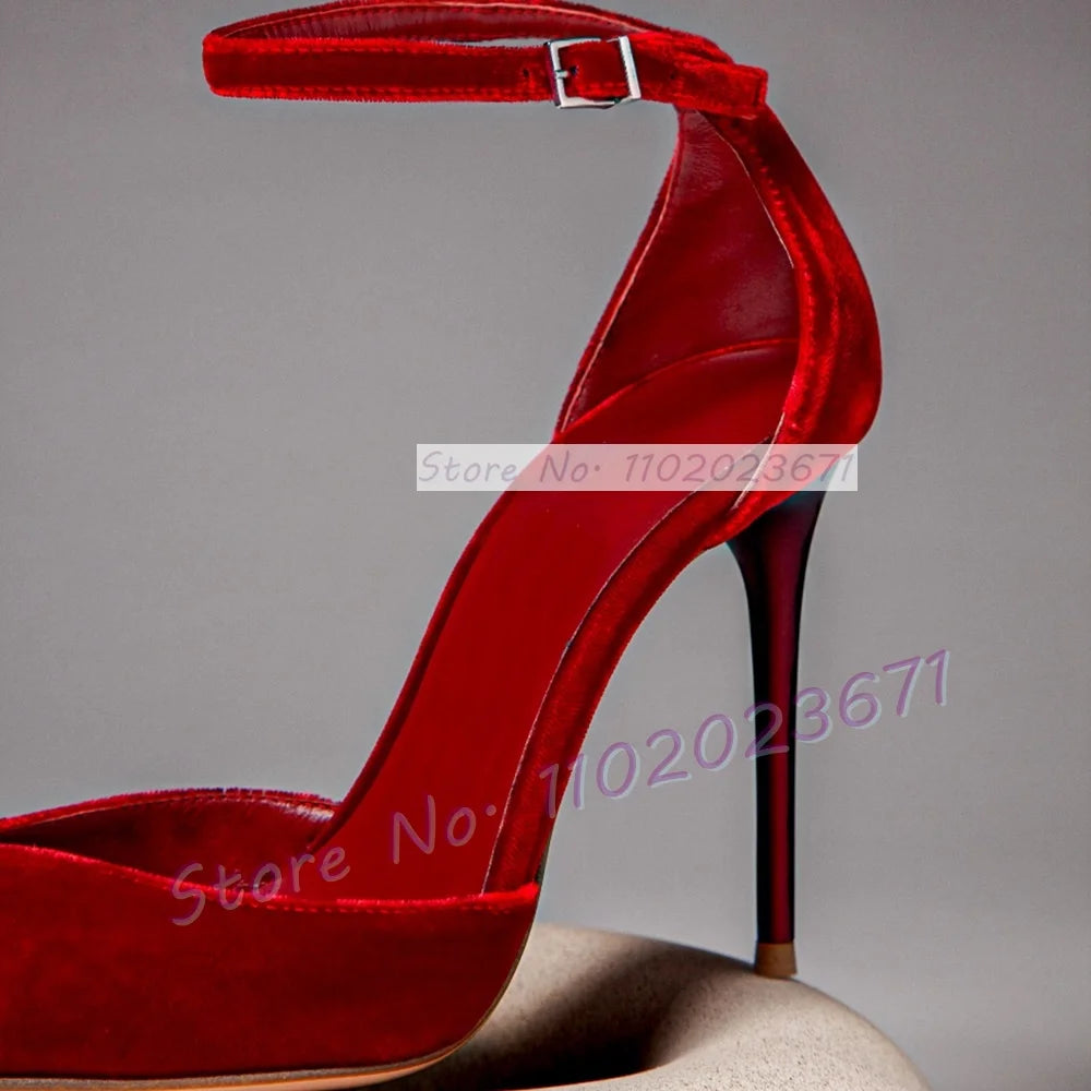 Blue Velvet Pointed Toe Stiletto Sandals with Buckle Ankle Strap for Women