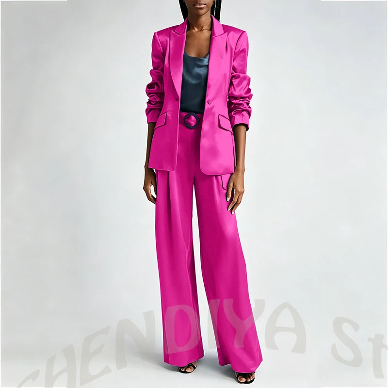 Women's Two Pieces Set Satin Peaked Lapel Elegant Fashion Single Button Straight Professional Tailor-Made Jacket with Pants