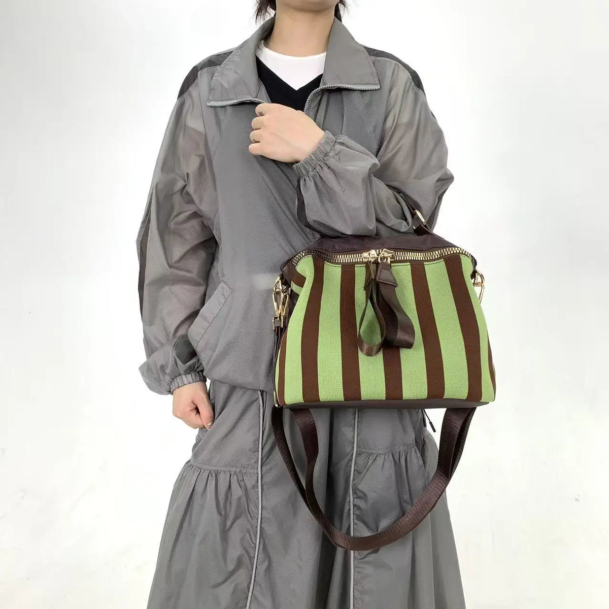 Quilted Striped Mesh Crossbody Shoulder Bag for Women