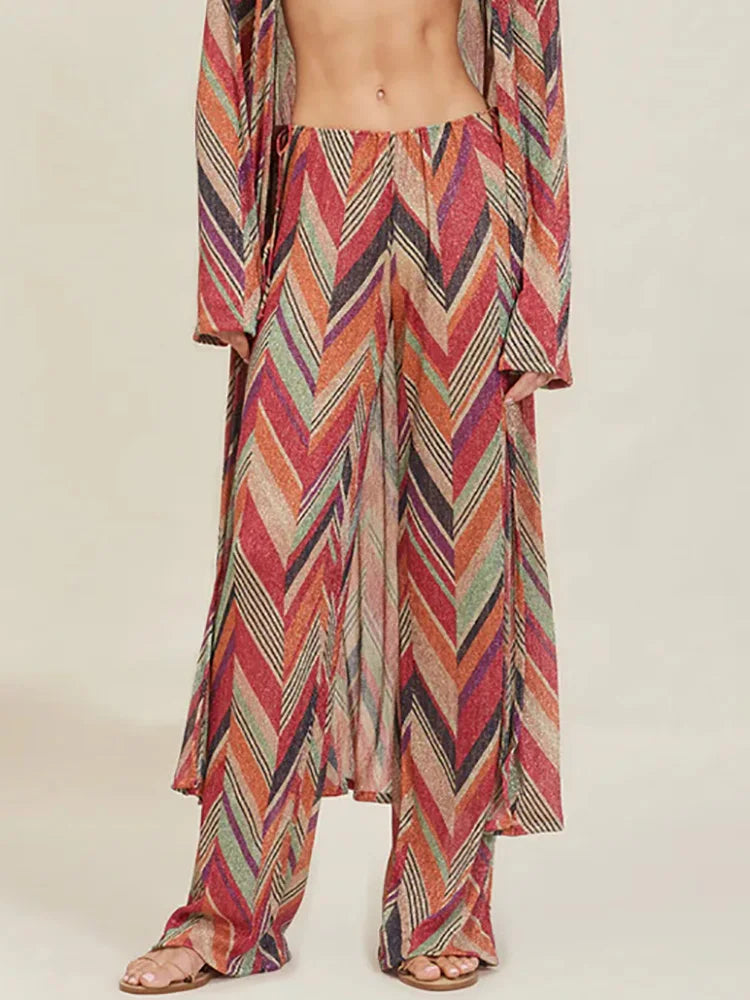 Printing Patchwork Fashion Two Pieces Outfit, Women Spring Summer V Neck Long Lacing Up Coat Set, 2025 Wide Leg Pants Lady Suits