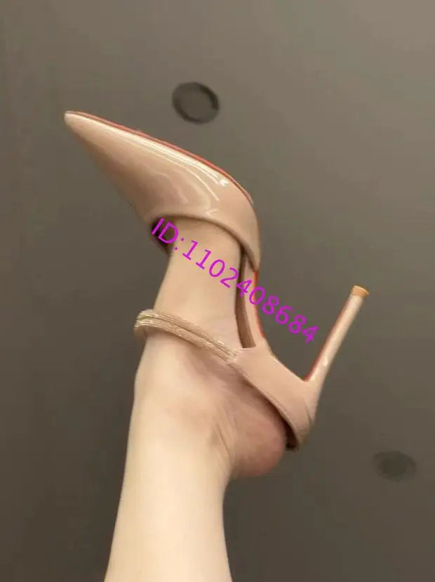Patent Leather Pointed Toe Rhinestone Stiletto Ankle Strap Sandal For Women