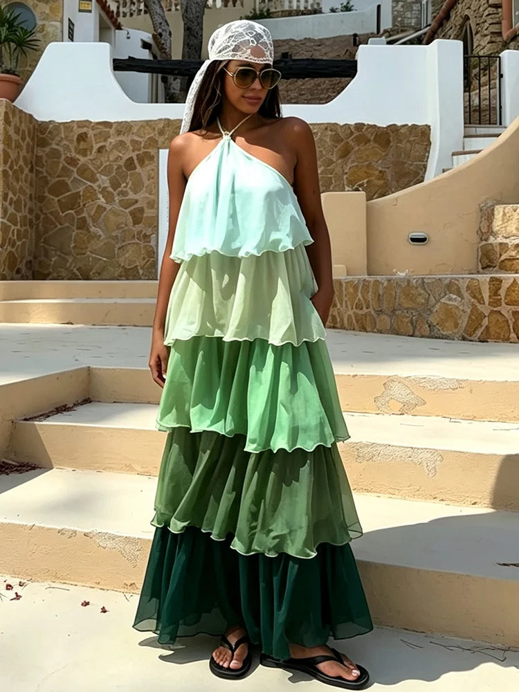 Flowy Gradient Halter Off Shoulder Ruffle Maxi Dress for Women