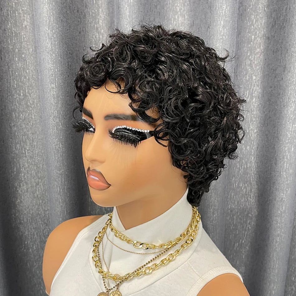 Black Kinky Curly Pixie Remy Human Hair Wig for Women