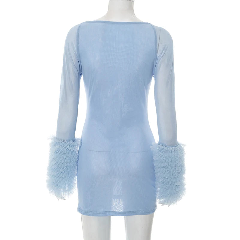 Weird Puss Furry Patchwork Dress Women See Through Full Sleeve Sexy Hollow Cross Elegant Luxury Banquet Birthday Party Clubwear