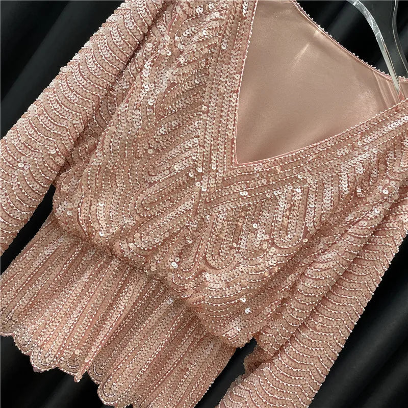 Ladies New Heavy Handmade Bling Beaded Sequins Batwing Sleeve Top Slimming Oversized Blouse Elegant Nightclub Pullover Shirts