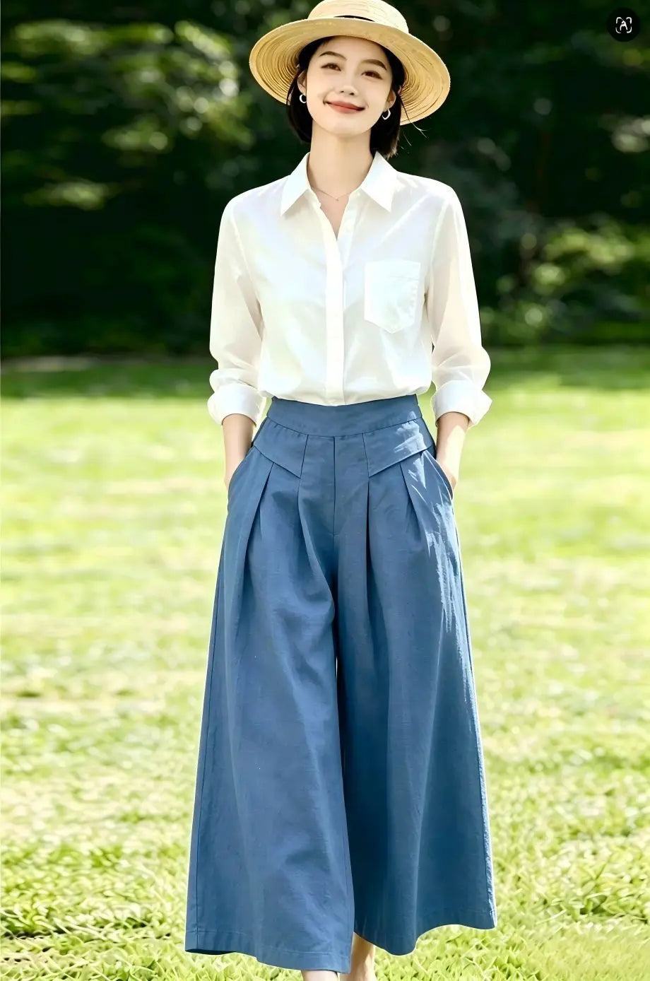 High-Waisted Cotton Linen Wide-Leg Culottes for Women