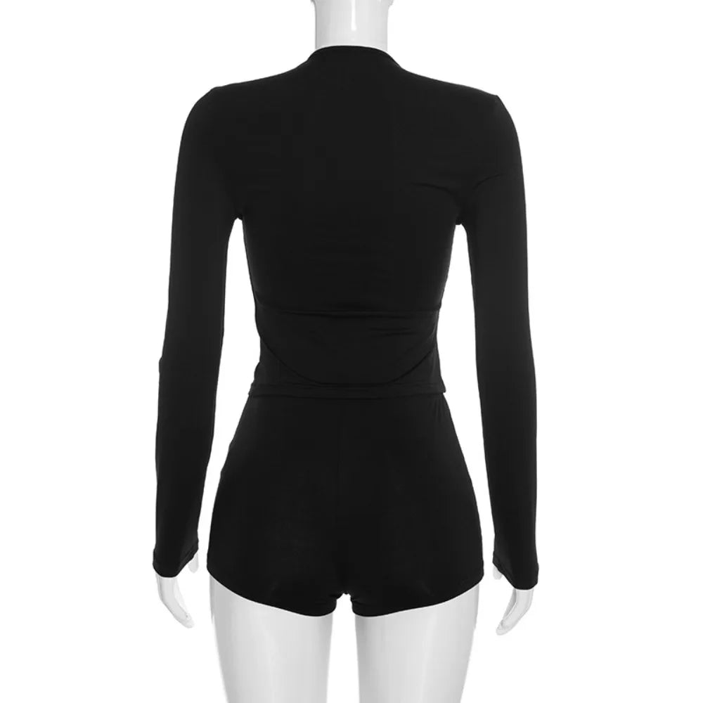 Hollow Out Long Sleeve Crop Top And Shorts Set for Women