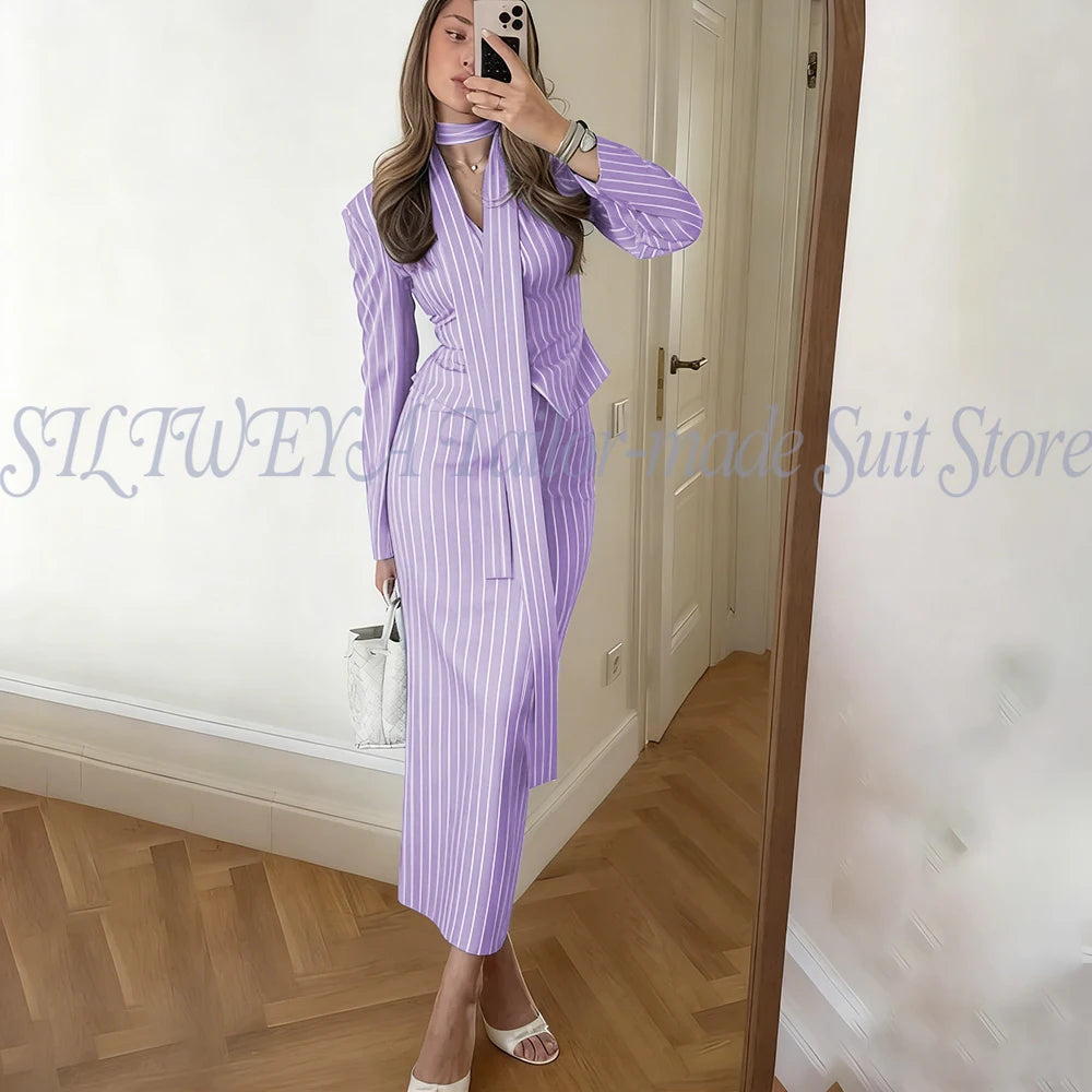 Single Breasted Blue Striped Blazer Skirt Set for Women