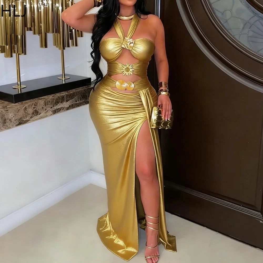 Sleeveless Halter Backless Slit Bodycon Maxi Dress for Women