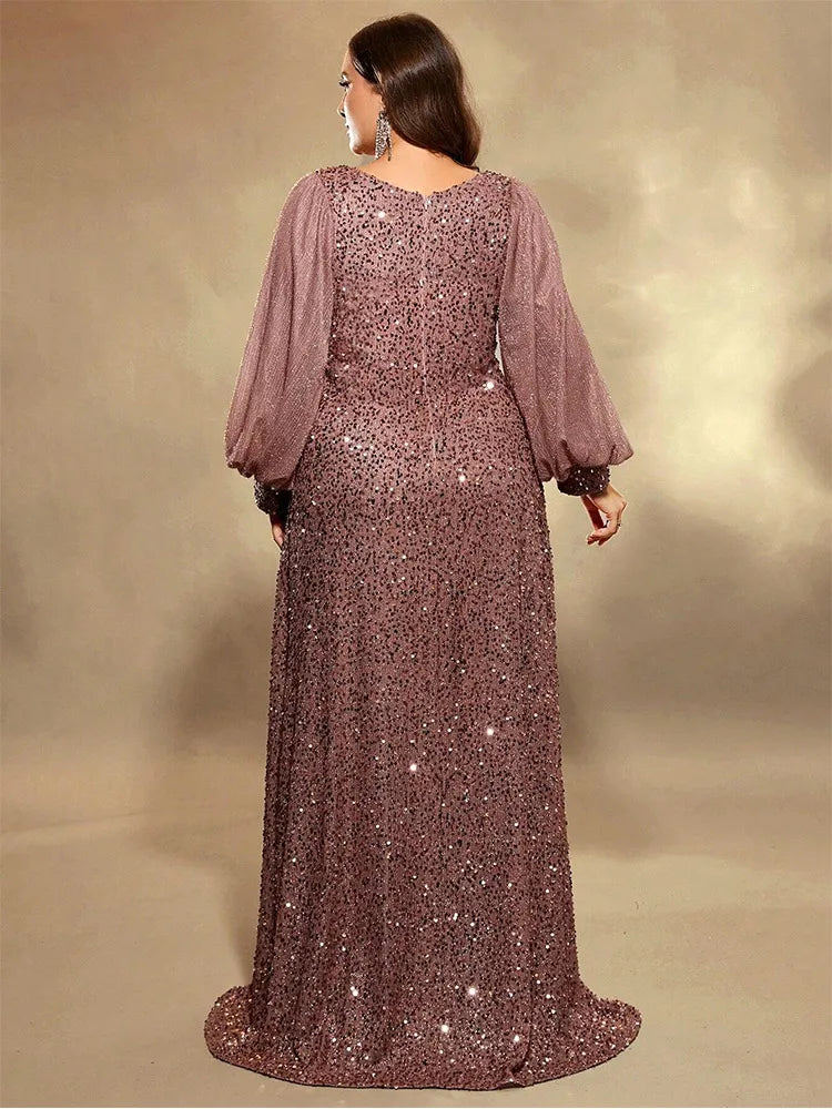 Plus Size V Neck Sequin Evening Dress