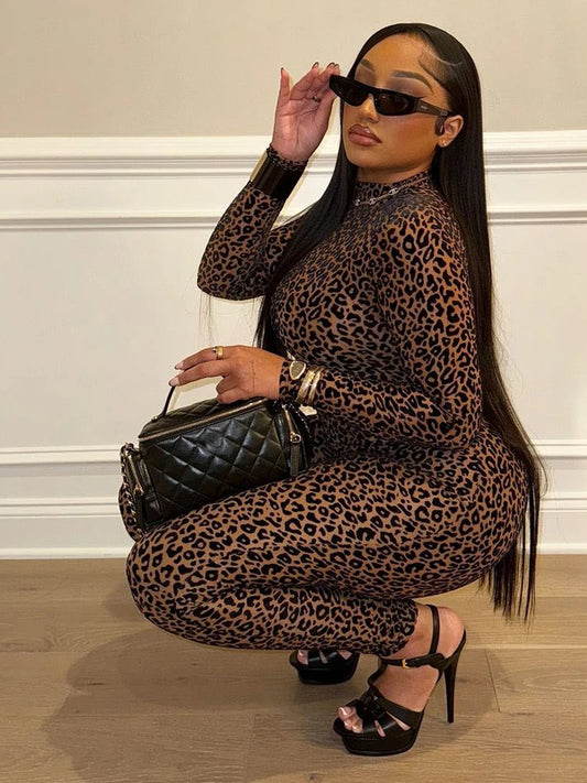 Leopard Print Mesh Jumpsuit With Zip Closure for Women