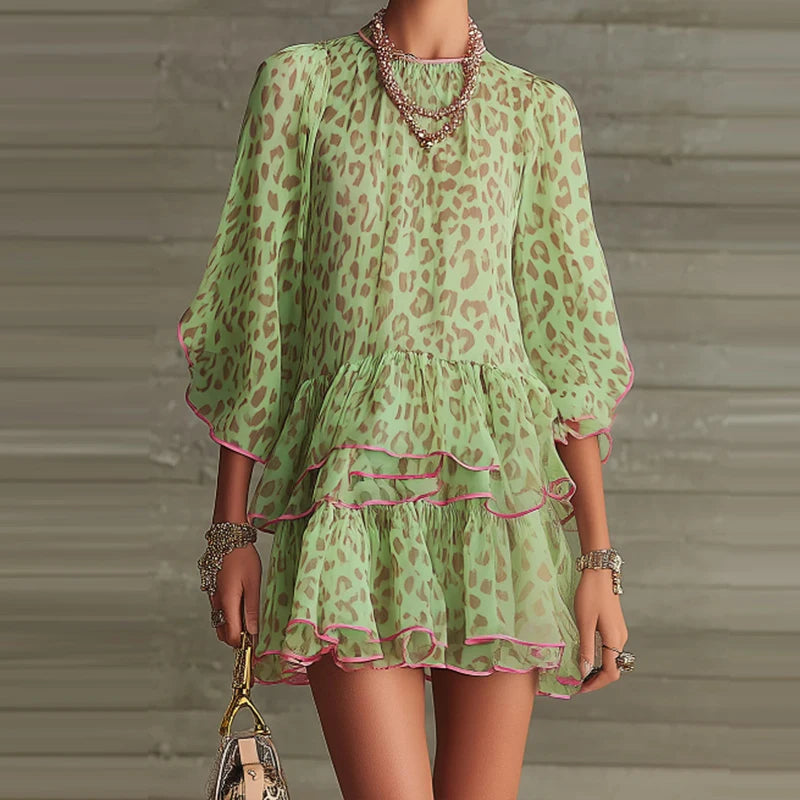 Green Leopard Print Ruffle Edge Mesh Dress for Women