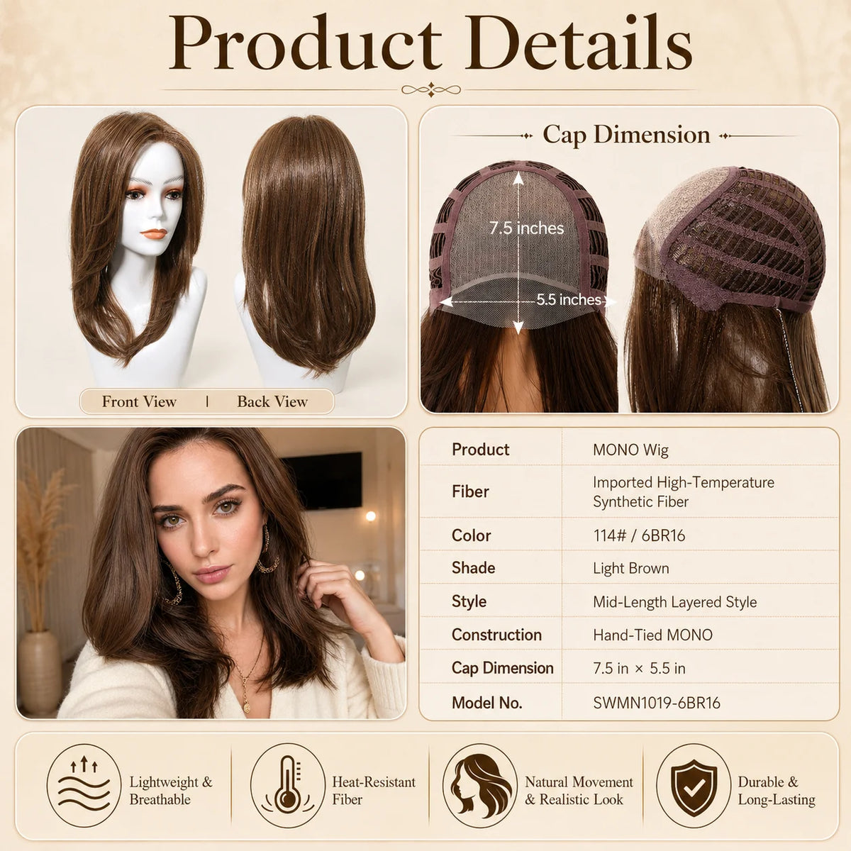 Light Brown Layered Synthetic Mono Top Wig for Women