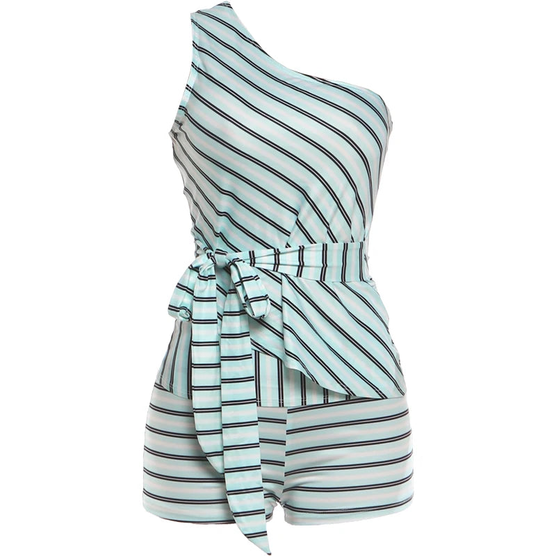 Striped Patchwork Two Piece Set With Skew Collar And Bike Shorts for Women