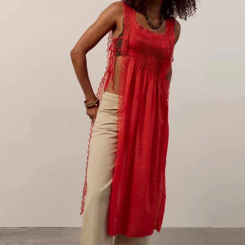Lace Side Split Beach Pleated Solid Color Maxi Dress for Women
