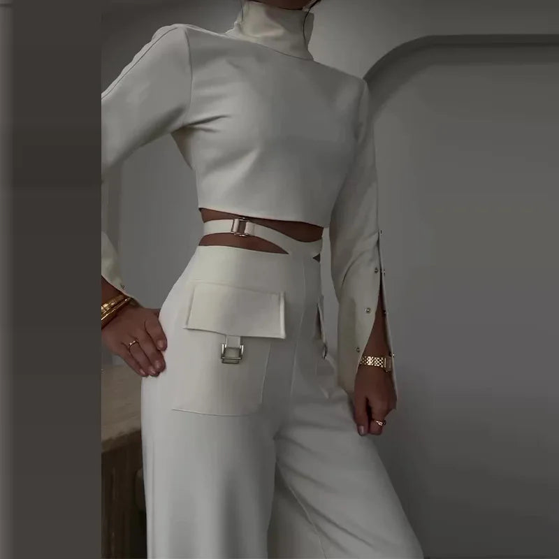 Turtleneck Top And Wide Leg Pants Set