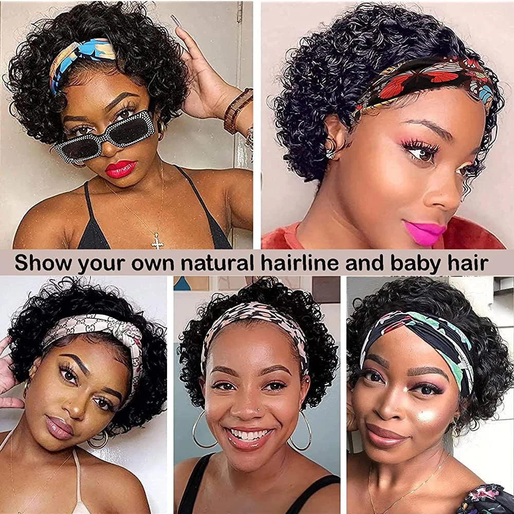 Headband Short Curly Pixie Cut Human Hair Wig for Women