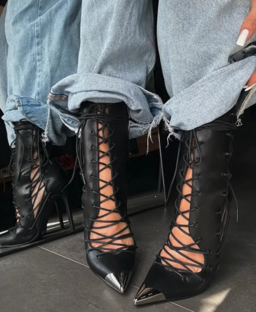 Lace Up Pointed Toe High Heel Ankle Boots for Women